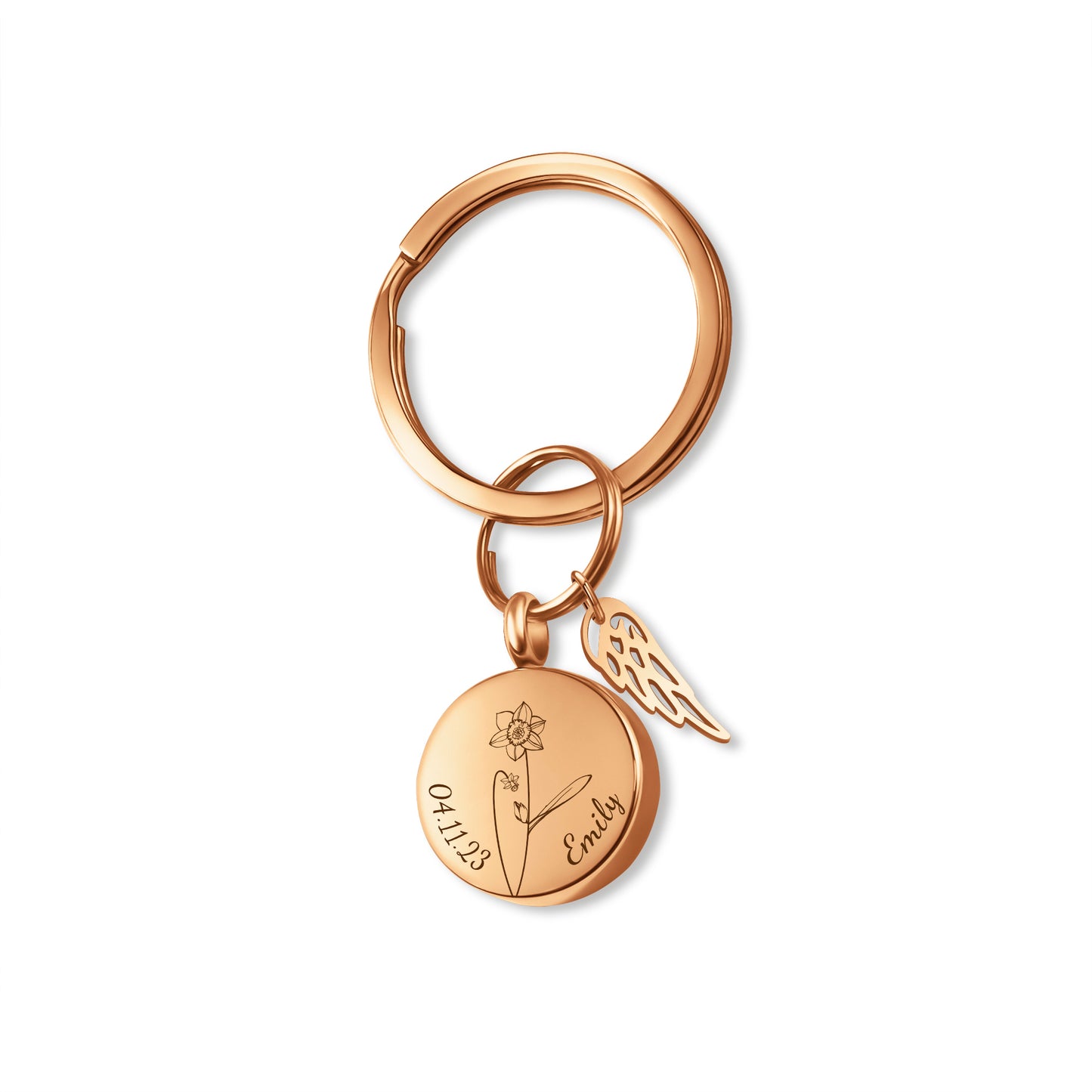 Round Birth Flower, Name, and Date Coin Memorial Key Chain