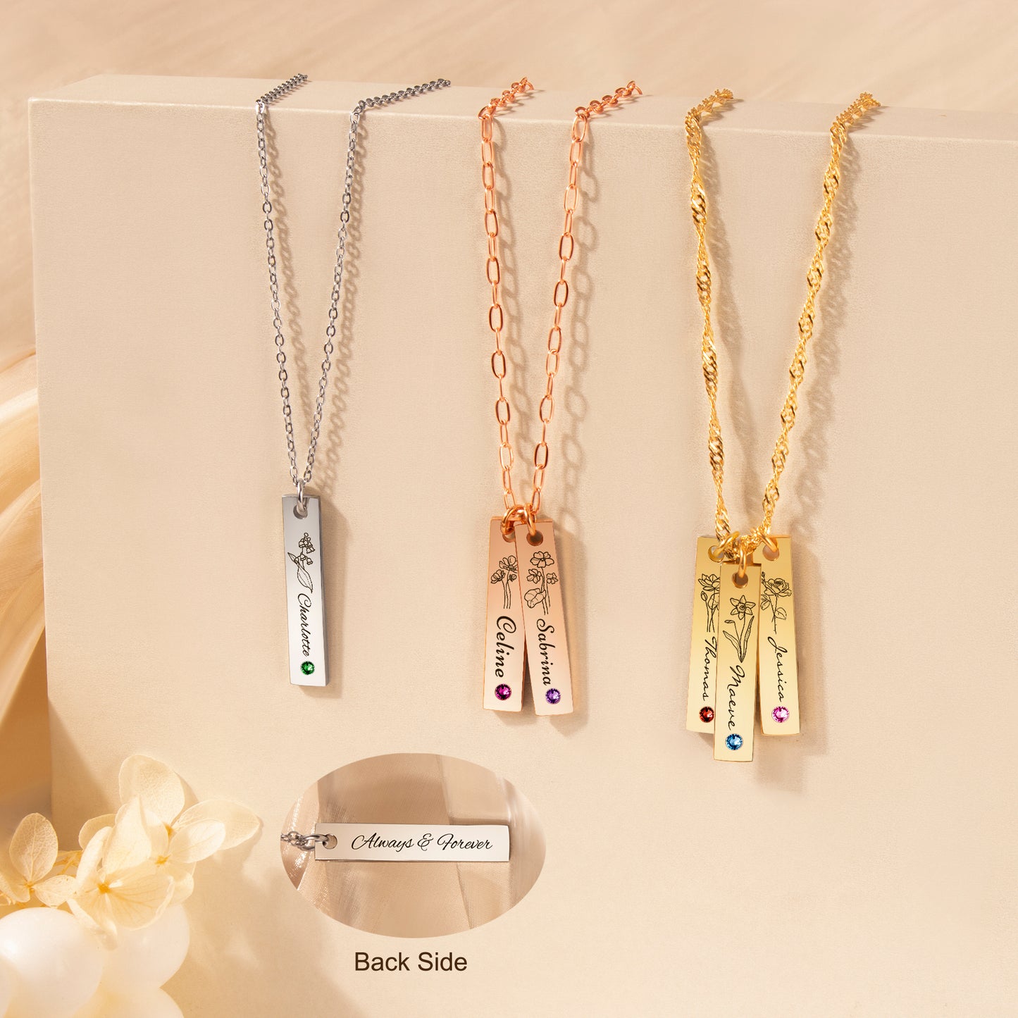 Birth Flower and Name Vertical Birthstone Bar Necklace