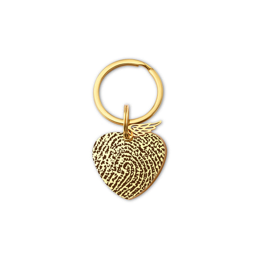 Fingerprint Heart Key Chain with Angel Wing Charm