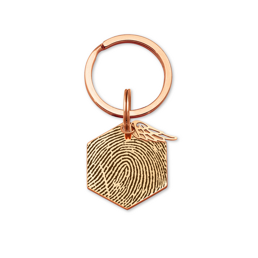 Fingerprint Hexagon Key Chain with Angel Wing Charm