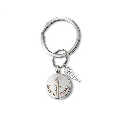 Round Birth Flower, Name, and Date Coin Memorial Key Chain