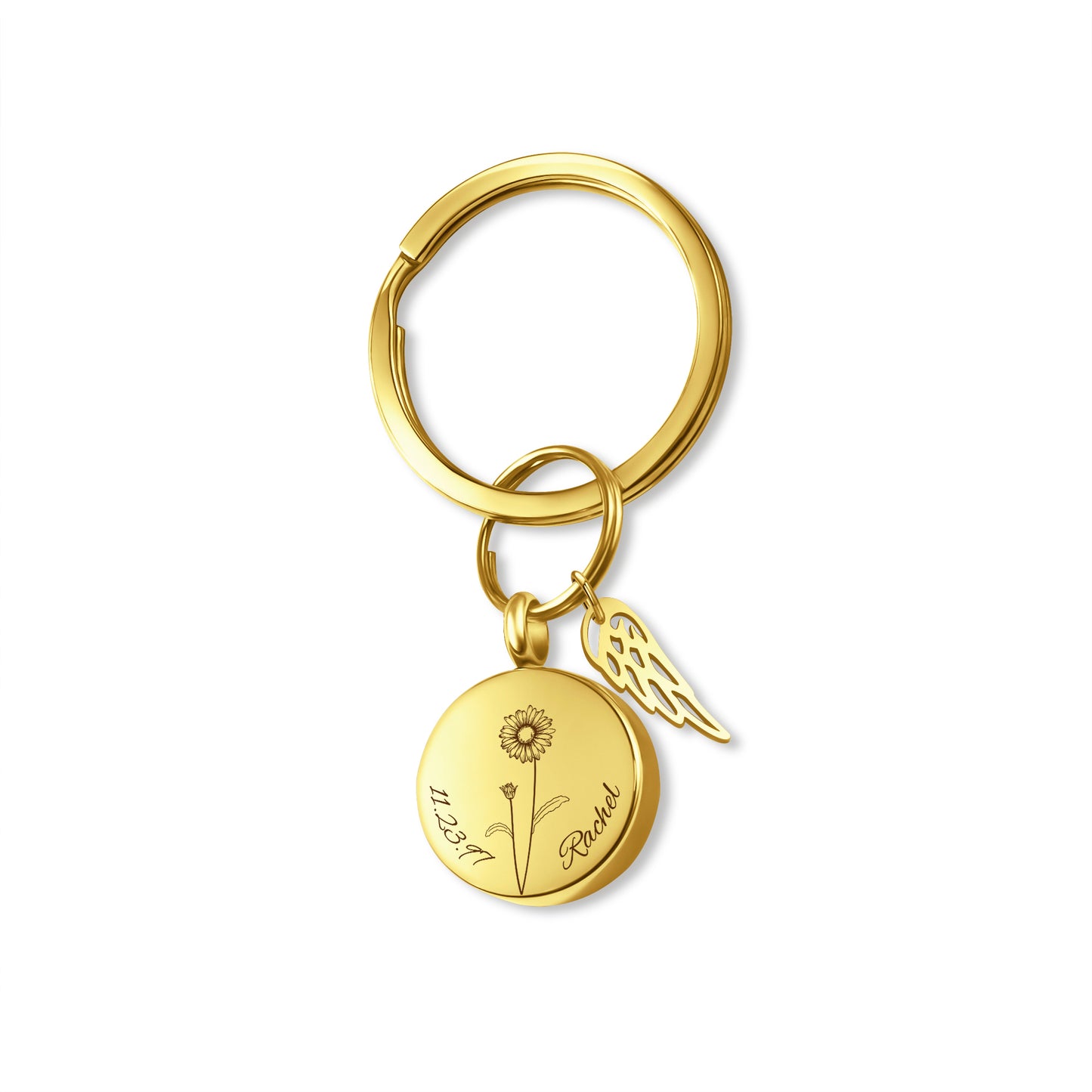 Round Birth Flower, Name, and Date Coin Memorial Key Chain