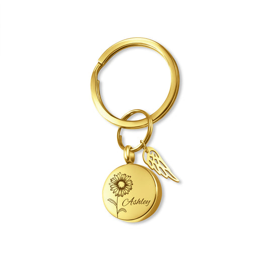 Round Birth Flower and Name Coin Memorial Key Chain
