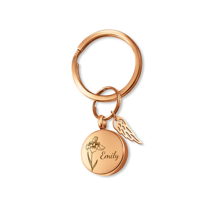 Round Birth Flower and Name Coin Memorial Key Chain