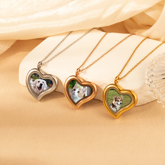 Glass Sideways Heart Pet Photo Locket Necklace