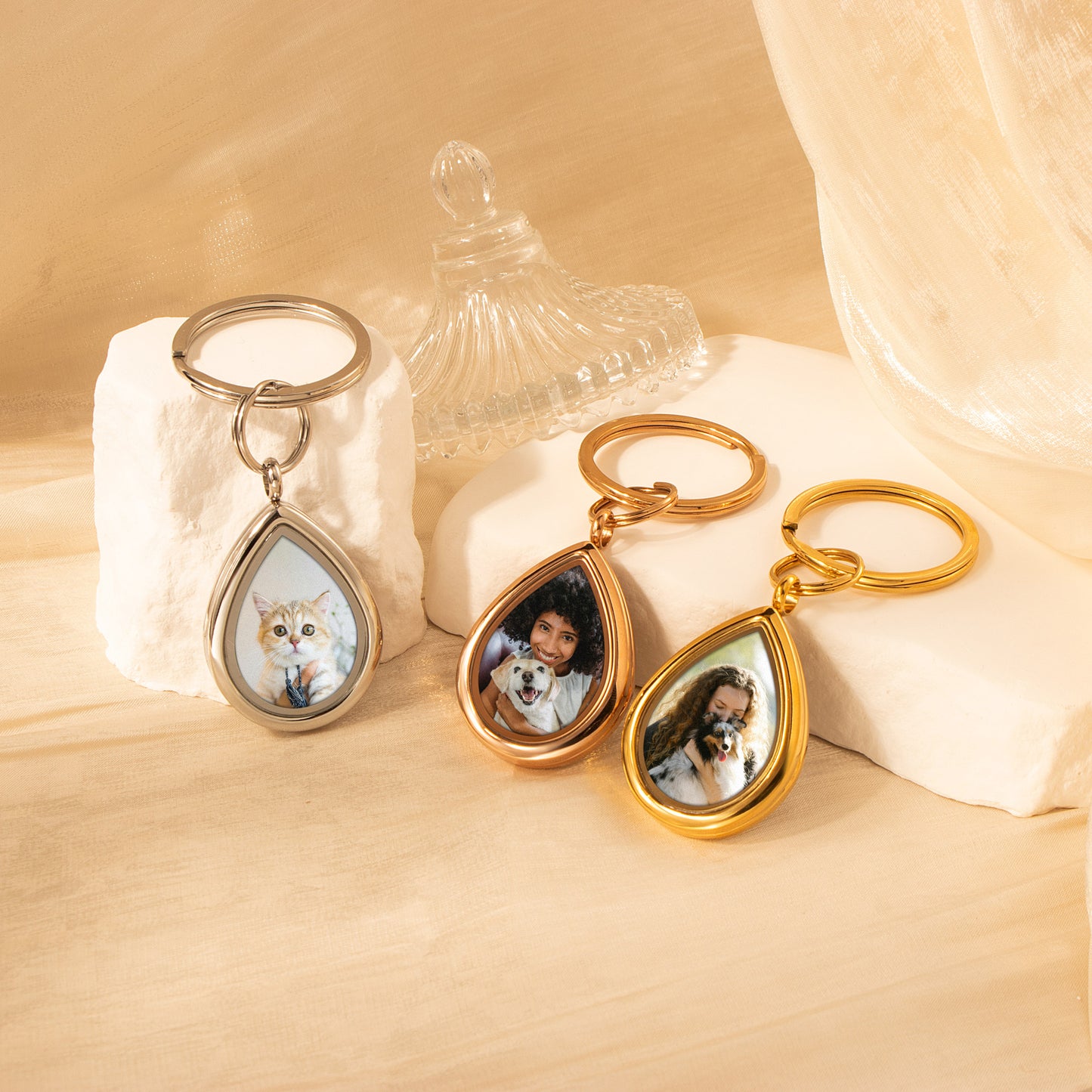 Glass Teardrop Photo Locket Pet Memorial Keychain