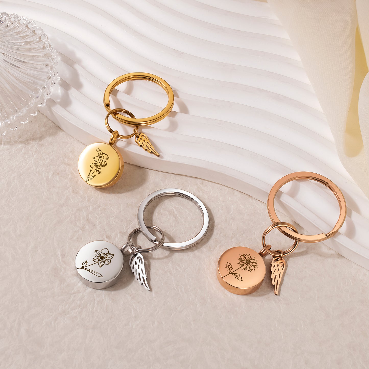 Round Birth Flower Coin Memorial Key Chain
