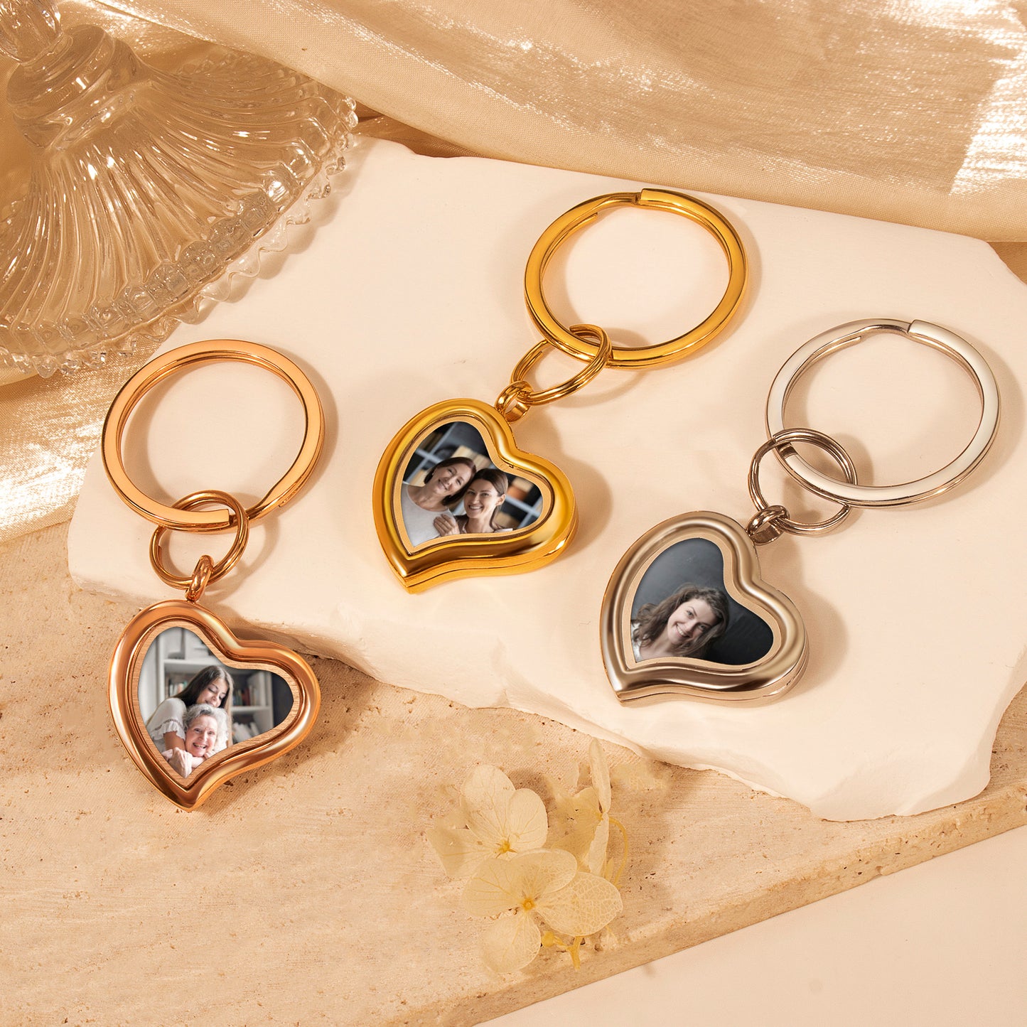 Glass Sideways Heart Photo Locket Keychain