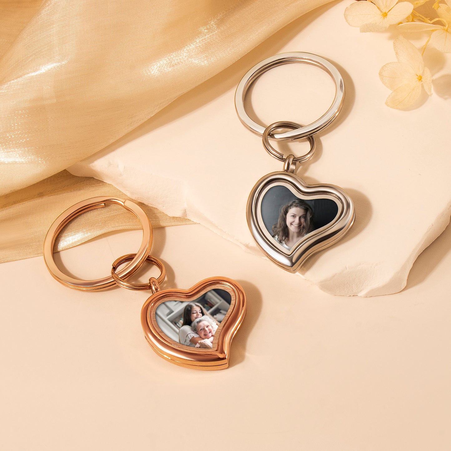 Glass Sideways Heart Photo Locket Keychain