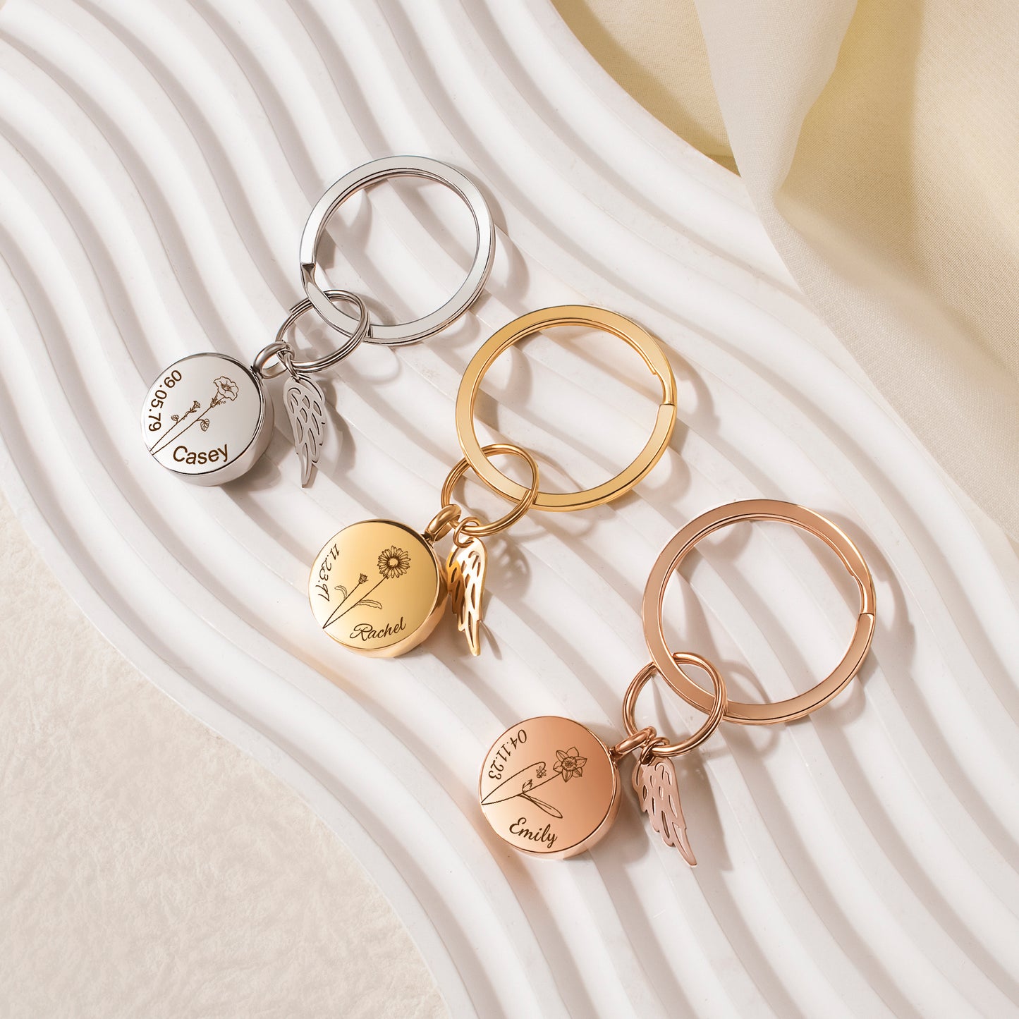 Round Birth Flower, Name, and Date Coin Memorial Key Chain
