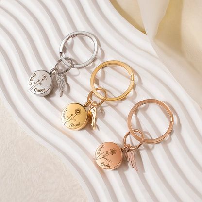 Round Birth Flower, Name, and Date Coin Memorial Key Chain