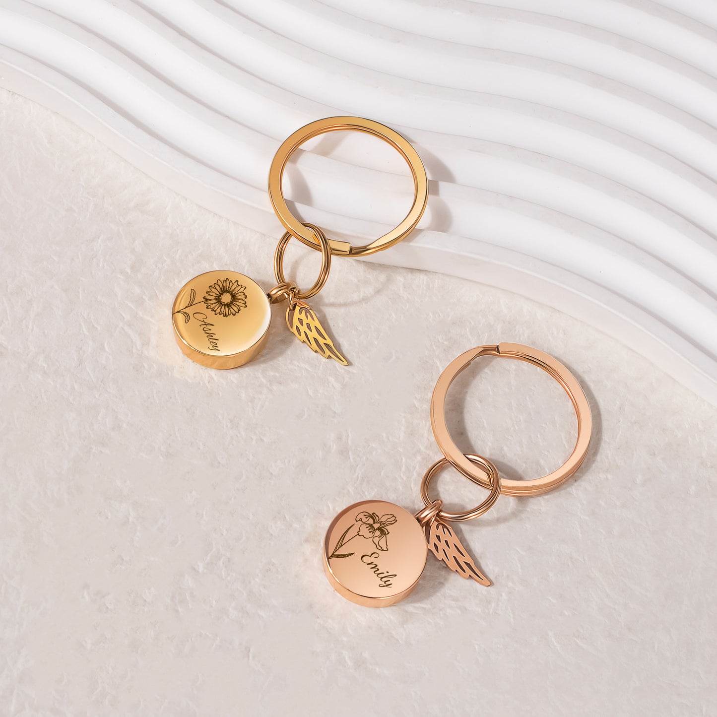 Round Birth Flower and Name Coin Memorial Key Chain