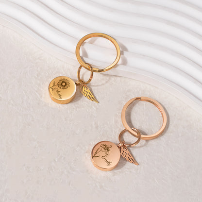 Round Birth Flower and Name Coin Memorial Key Chain
