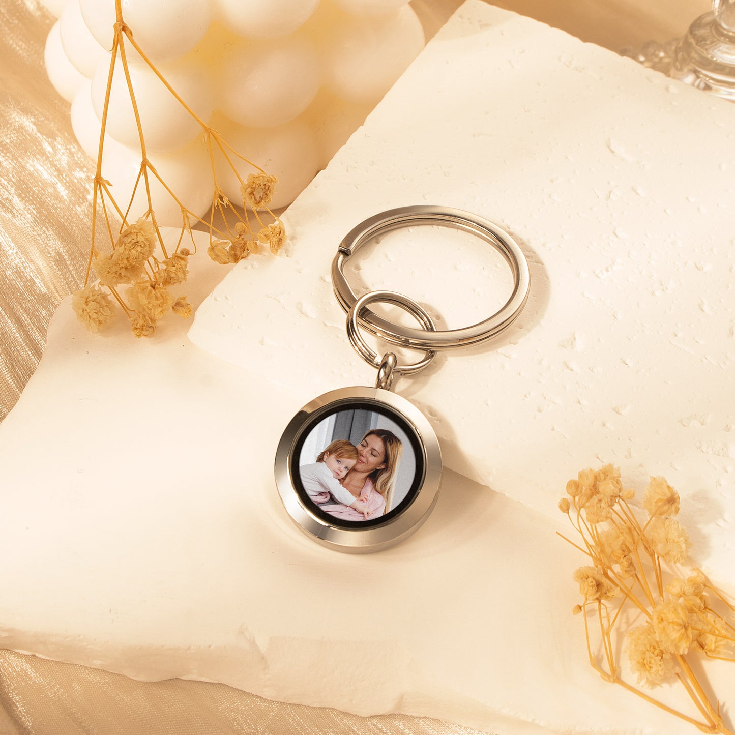 Glass Round Photo Locket Keychain
