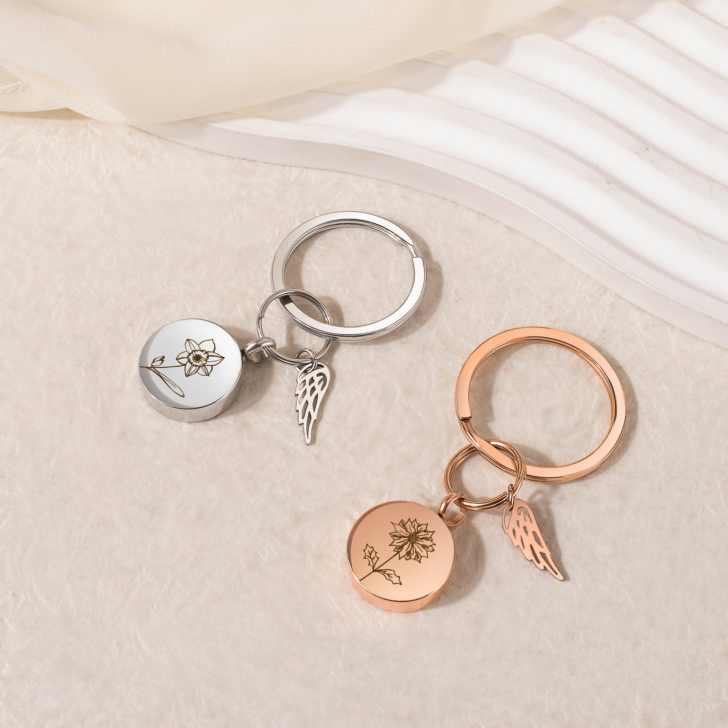 Round Birth Flower Coin Memorial Key Chain