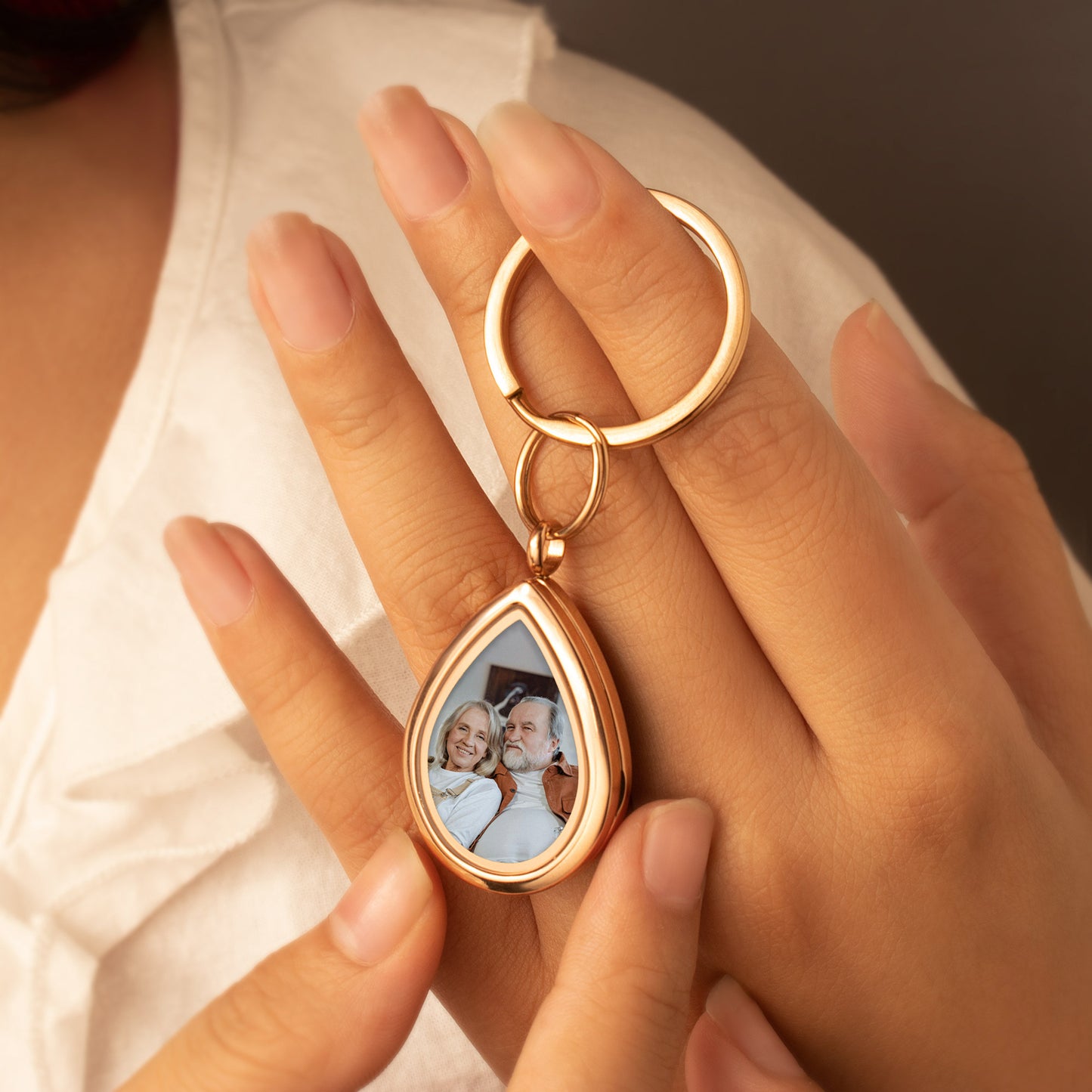 Glass Teardrop Photo Locket Keychain