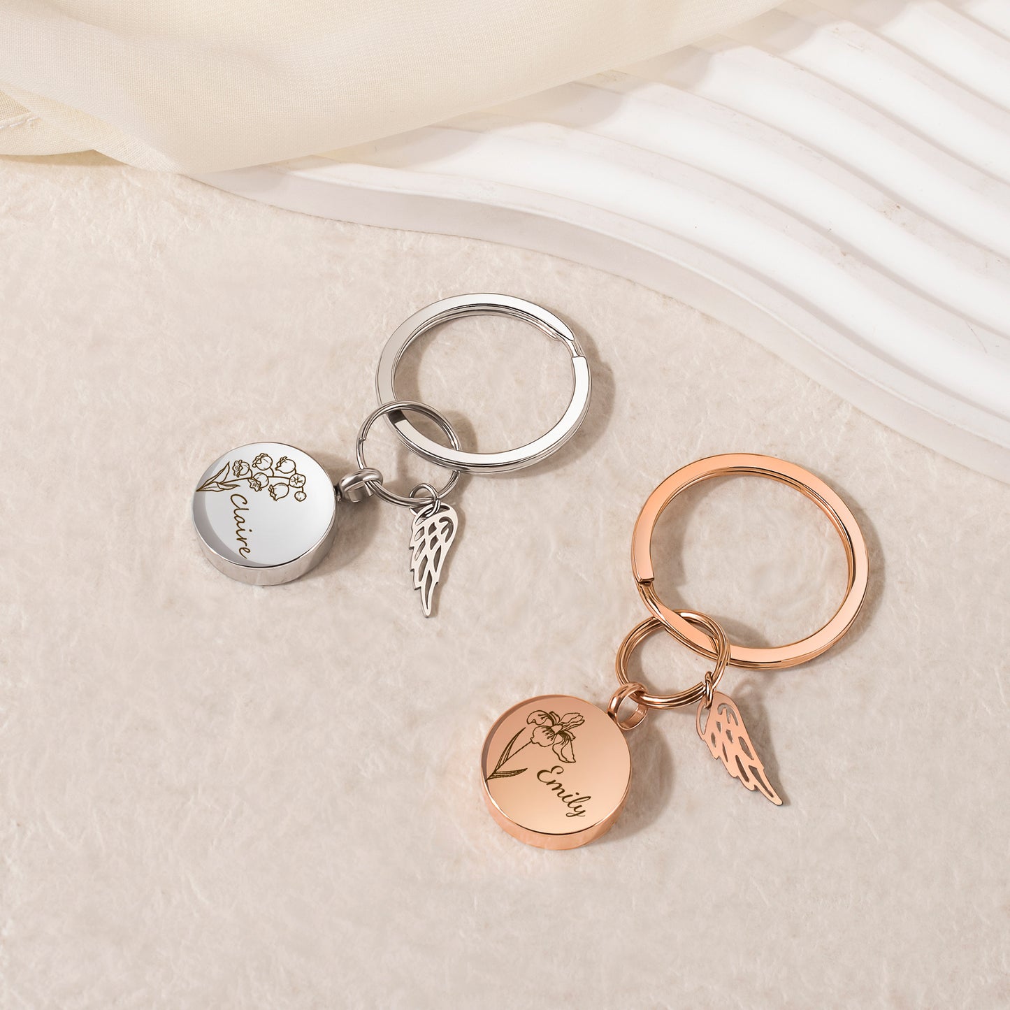 Round Birth Flower and Name Coin Memorial Key Chain