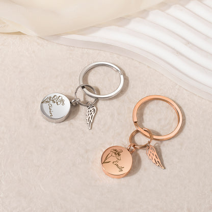 Round Birth Flower and Name Coin Memorial Key Chain