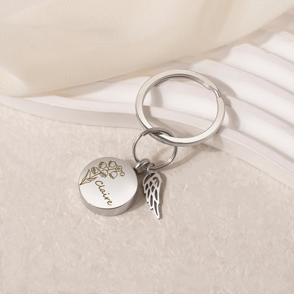 Round Birth Flower and Name Coin Memorial Key Chain