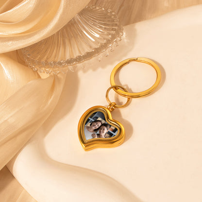 Glass Sideways Heart Photo Locket Keychain