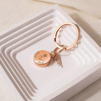 Round Birth Flower, Name, and Date Coin Memorial Key Chain