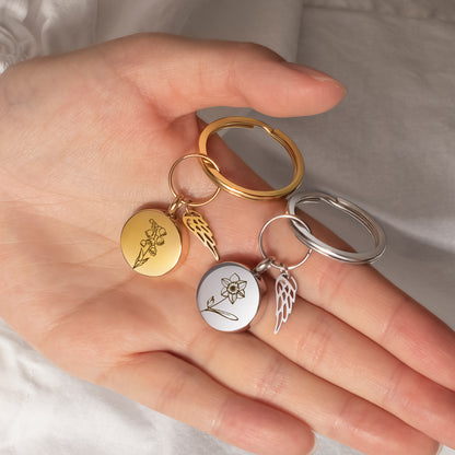 Round Birth Flower Coin Memorial Key Chain