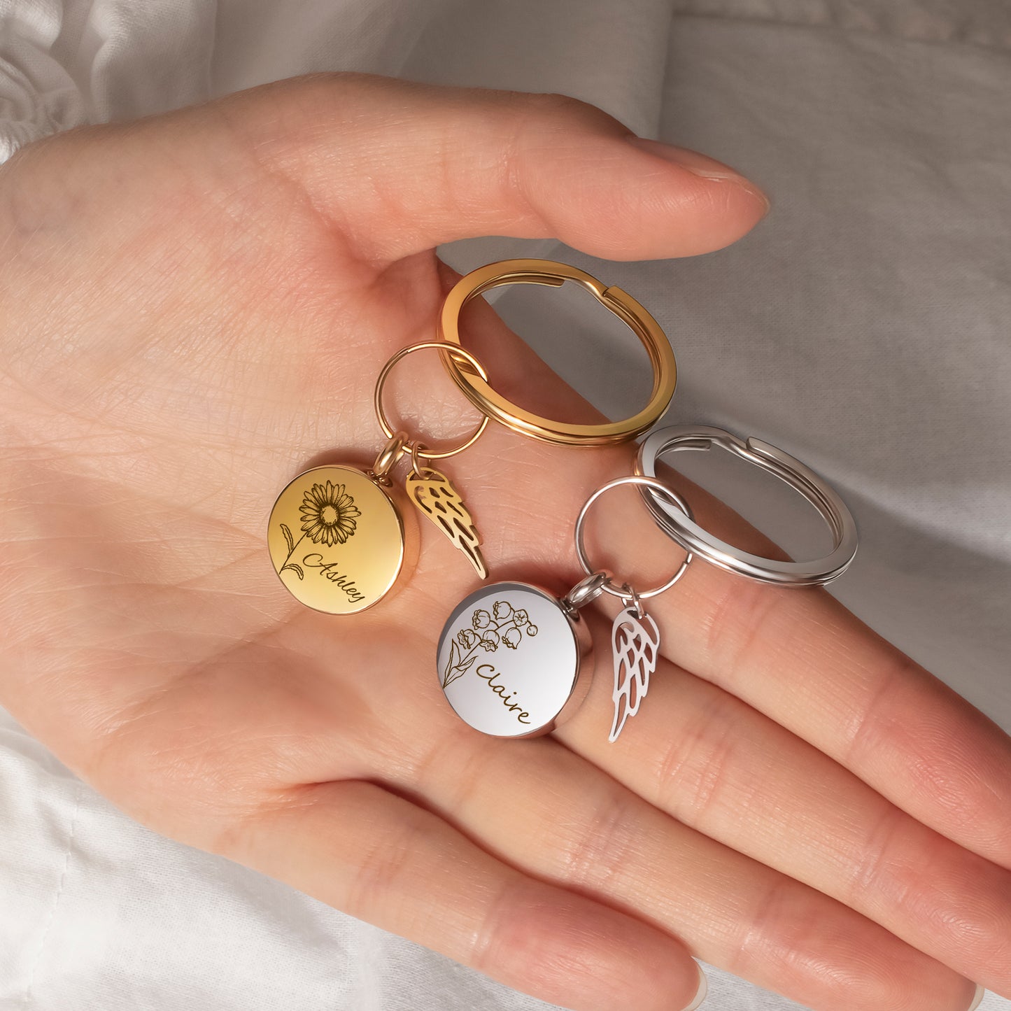Round Birth Flower and Name Coin Memorial Key Chain