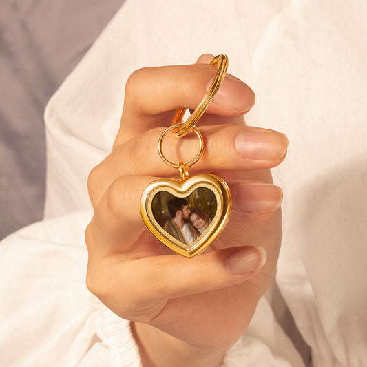 Glass Heart Photo Locket Keychain