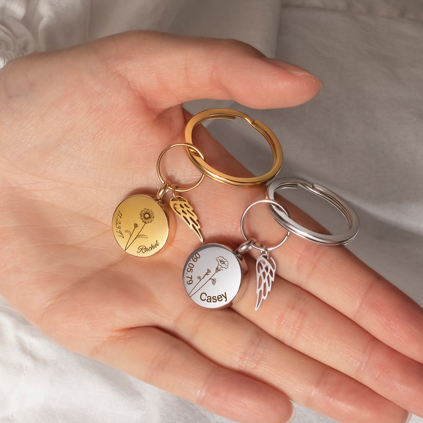 Round Birth Flower, Name, and Date Coin Memorial Key Chain